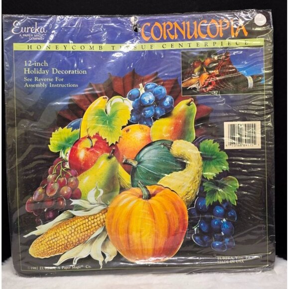 Vintage 12" Cornucopia Honey Comb Tissue Centerpiece Thanksgiving New Old Stock - Picture 1 of 5